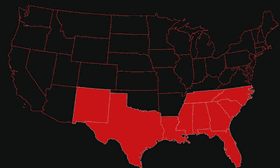 Regional Passmore coverage map highlighting southern and southeastern states